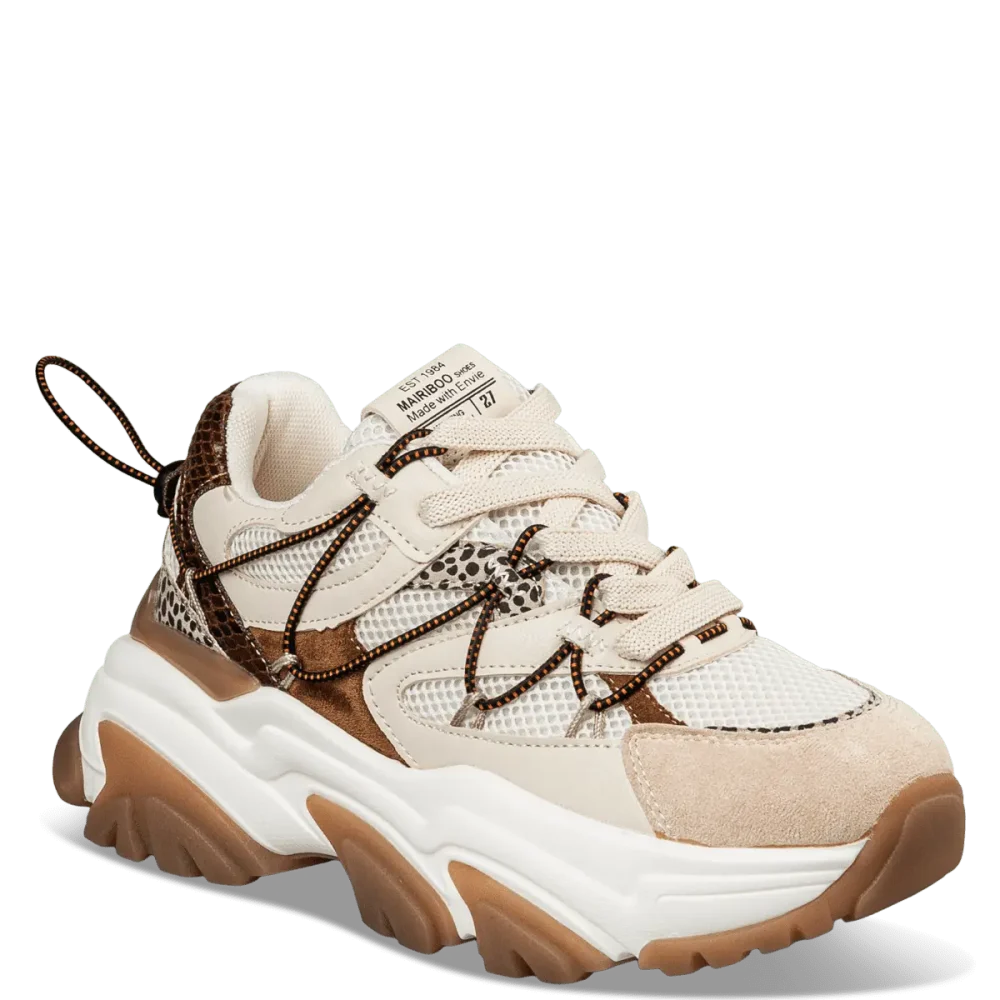Γυναικεία chunky sneakers μπεζ με καφέ λεπτομέρειες